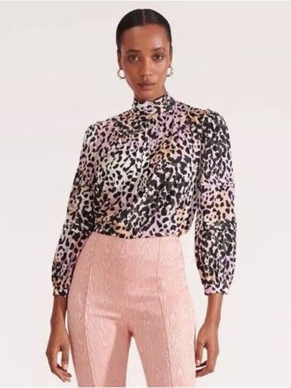 Veronica Beard Lety Top Womens 8 Lilac Multi Leopard Silk‎ Mock Neck